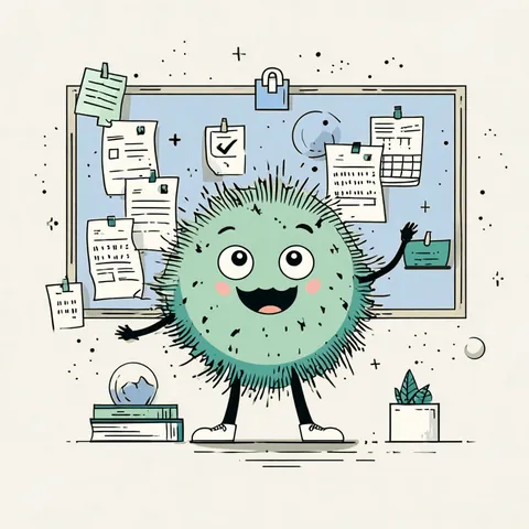 Illustration: a green mascot cheering in front of a board of pinned, dated notes